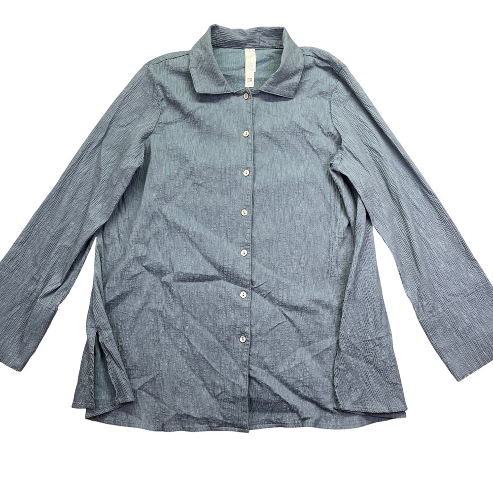 Marla Wynne Button Down Tunic Top Textured Long Sleeve Blouse Blue Size M Boho